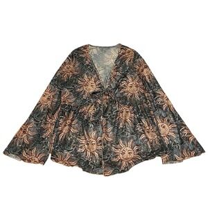 Shein Curve 2XL Mesh Celestial Sun Moon Paisley Tie Front Bell Sleeve Blouse Top